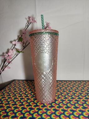 Starbucks Pink Textured Tumbler with Green Accent Straw